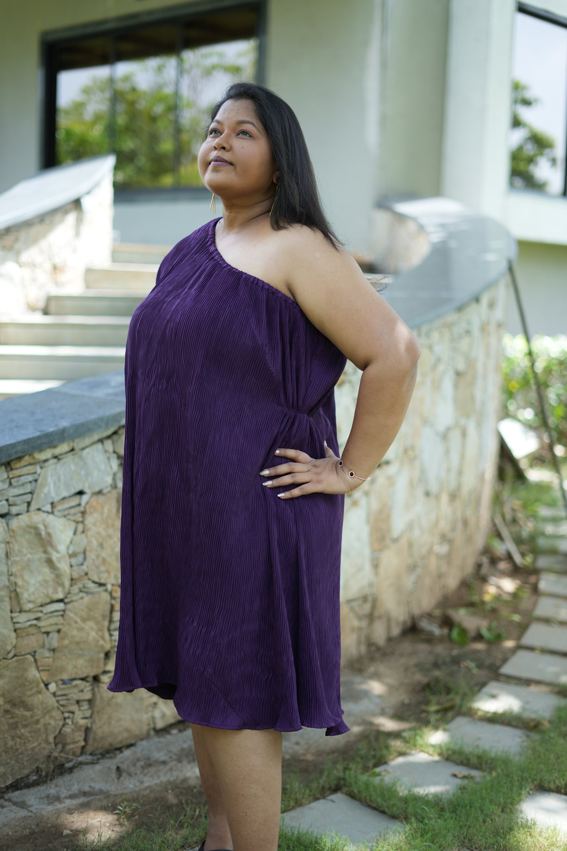 Purple one-shoulder midi, party dress, crinkled rayon material, model is wearing size 3XL