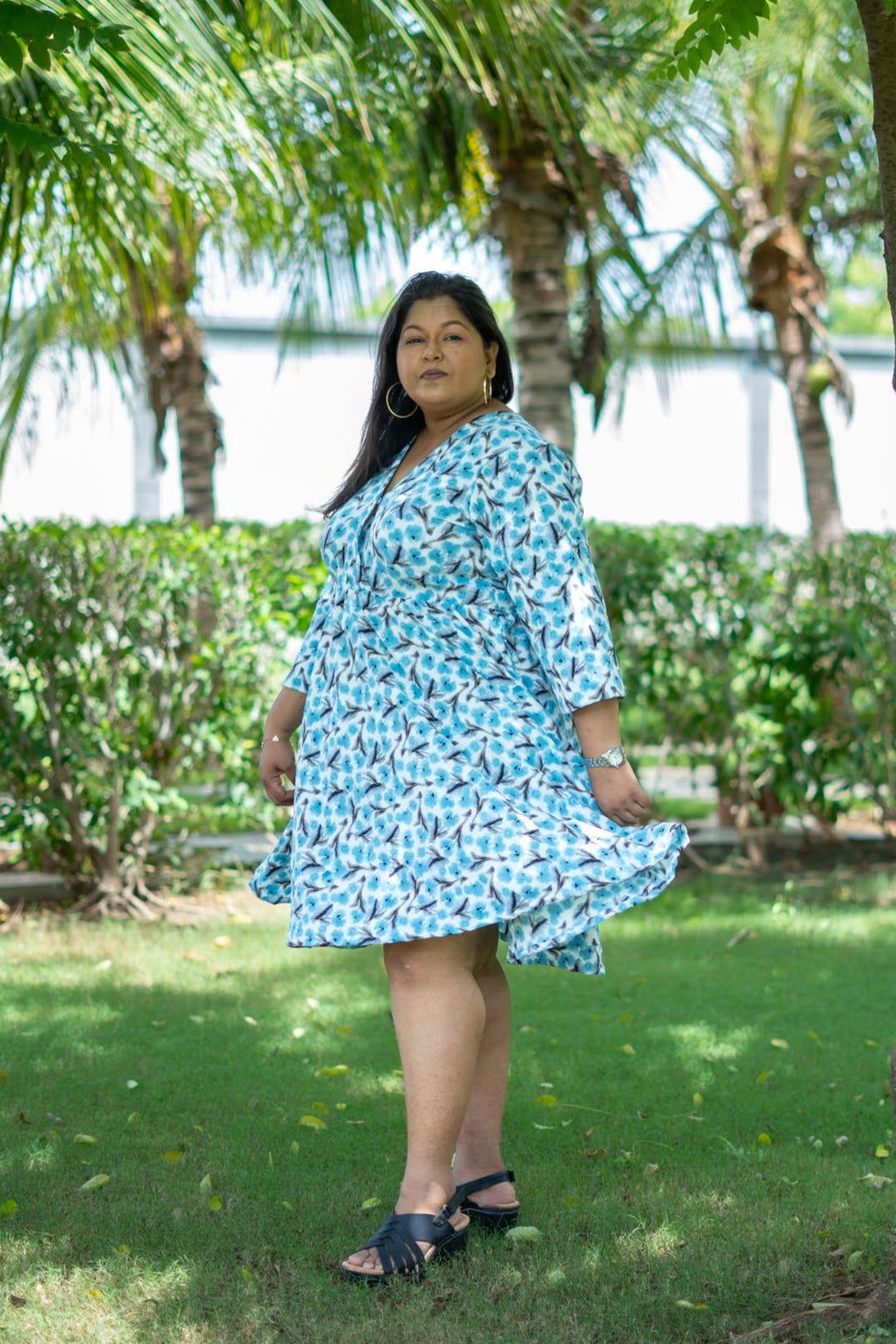 Blue & White floral knee length dress