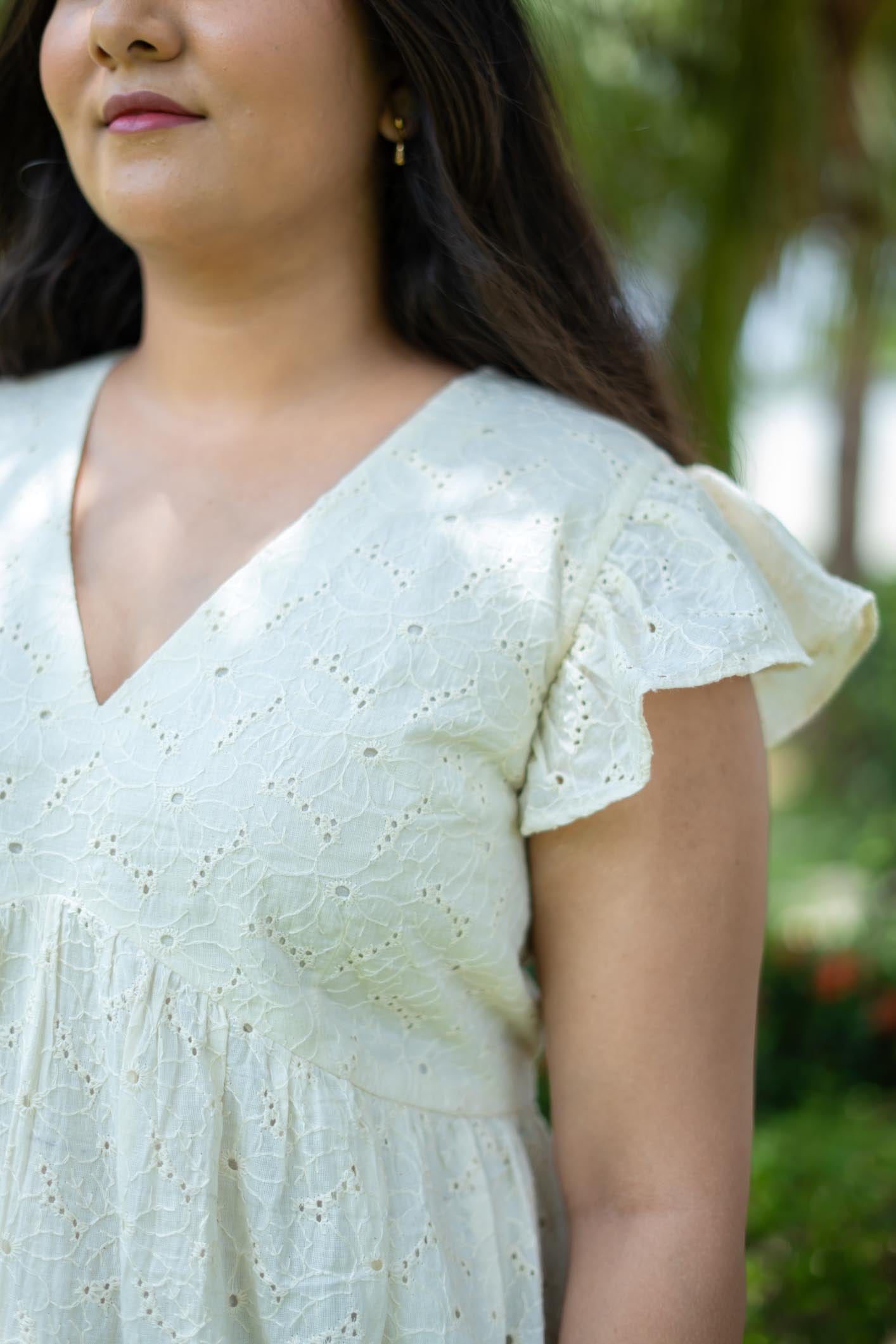 Cream Color Midi Dress with ruffled sleeves