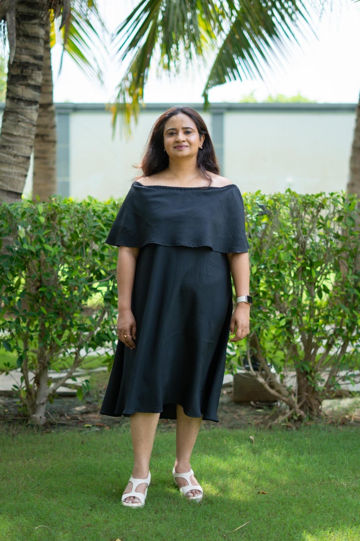Stillcurve Midi Dress | Black Layered Off-shoulder dress | Square Neck Evening Wear | Model is wearing size M | Plus size available