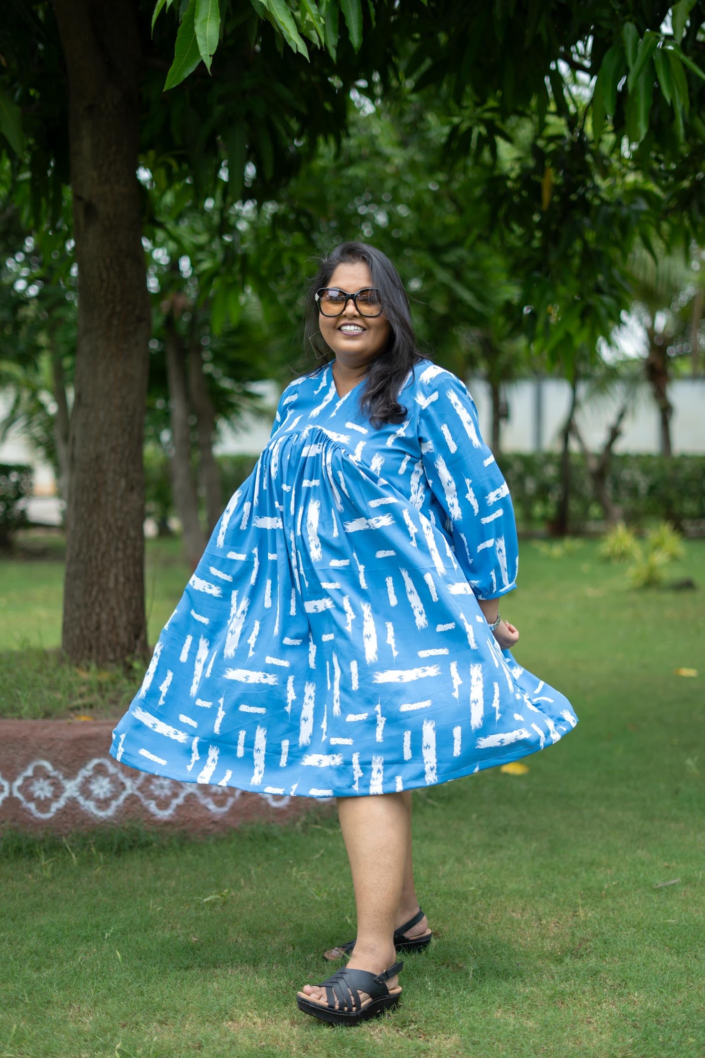 Blueform Gathered Midi Dress | Blue Geometric Design