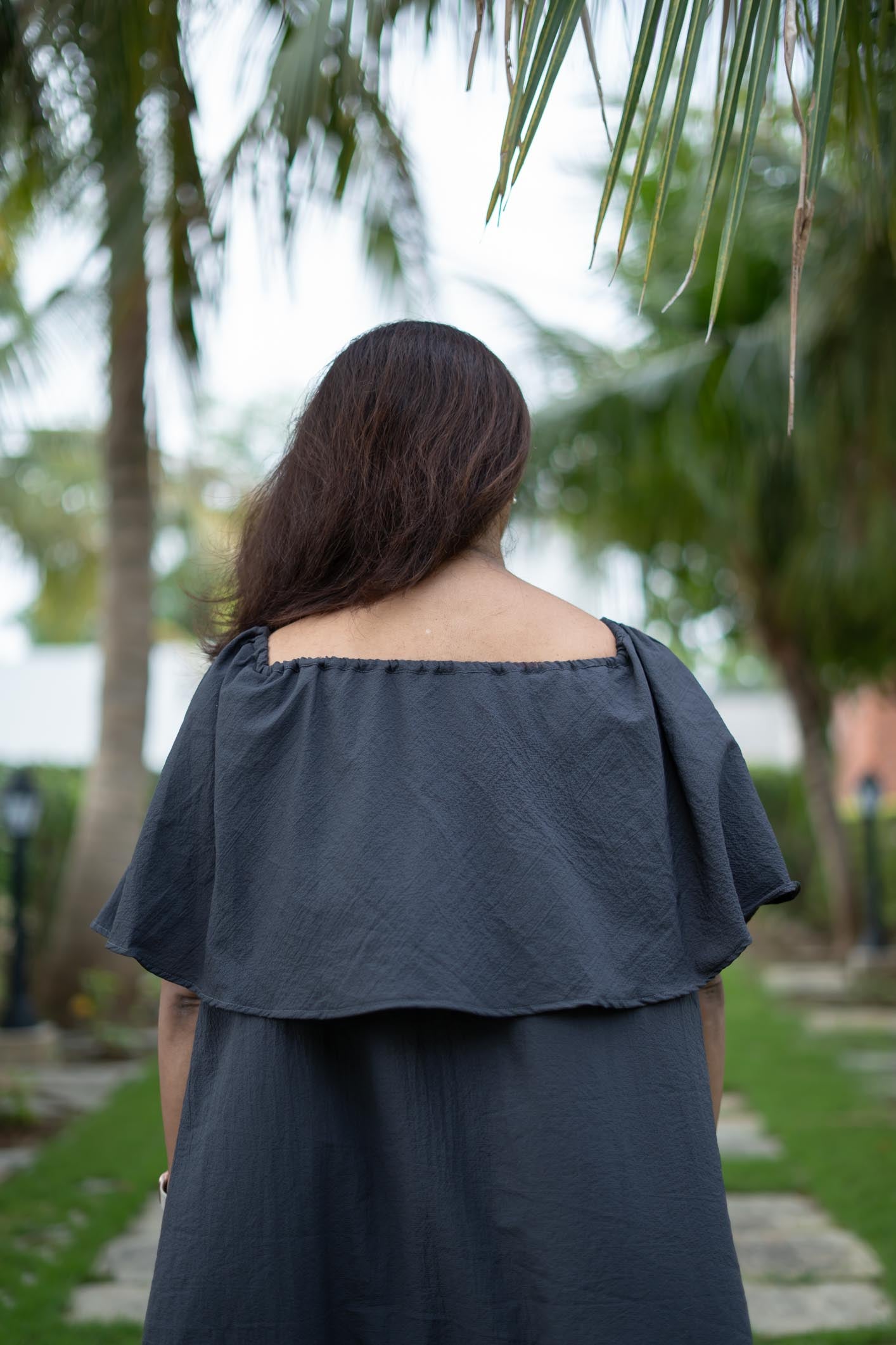 Charcoal Drift | Grey Midi Dress | Off-shoulder