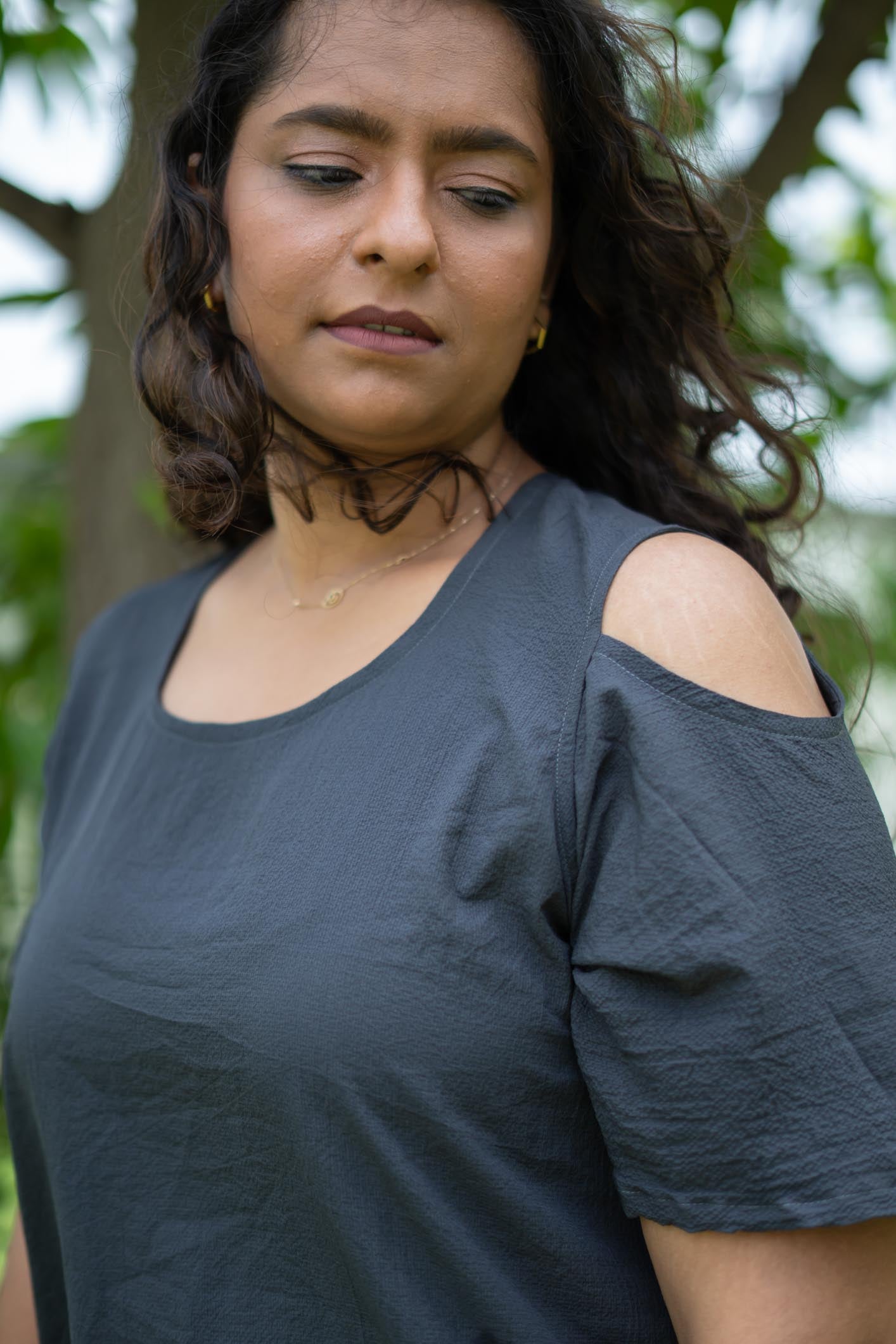 Dark gray off-shoulder midi dress | Charcoal Whisper