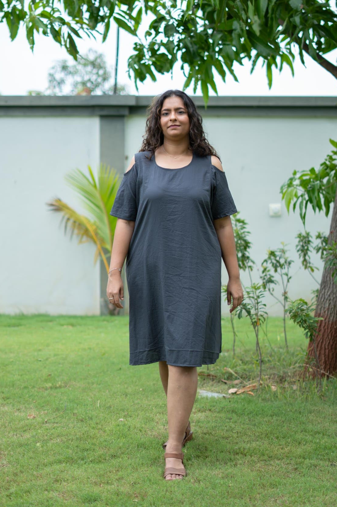 Charcoal Whisper Shoulder Dress