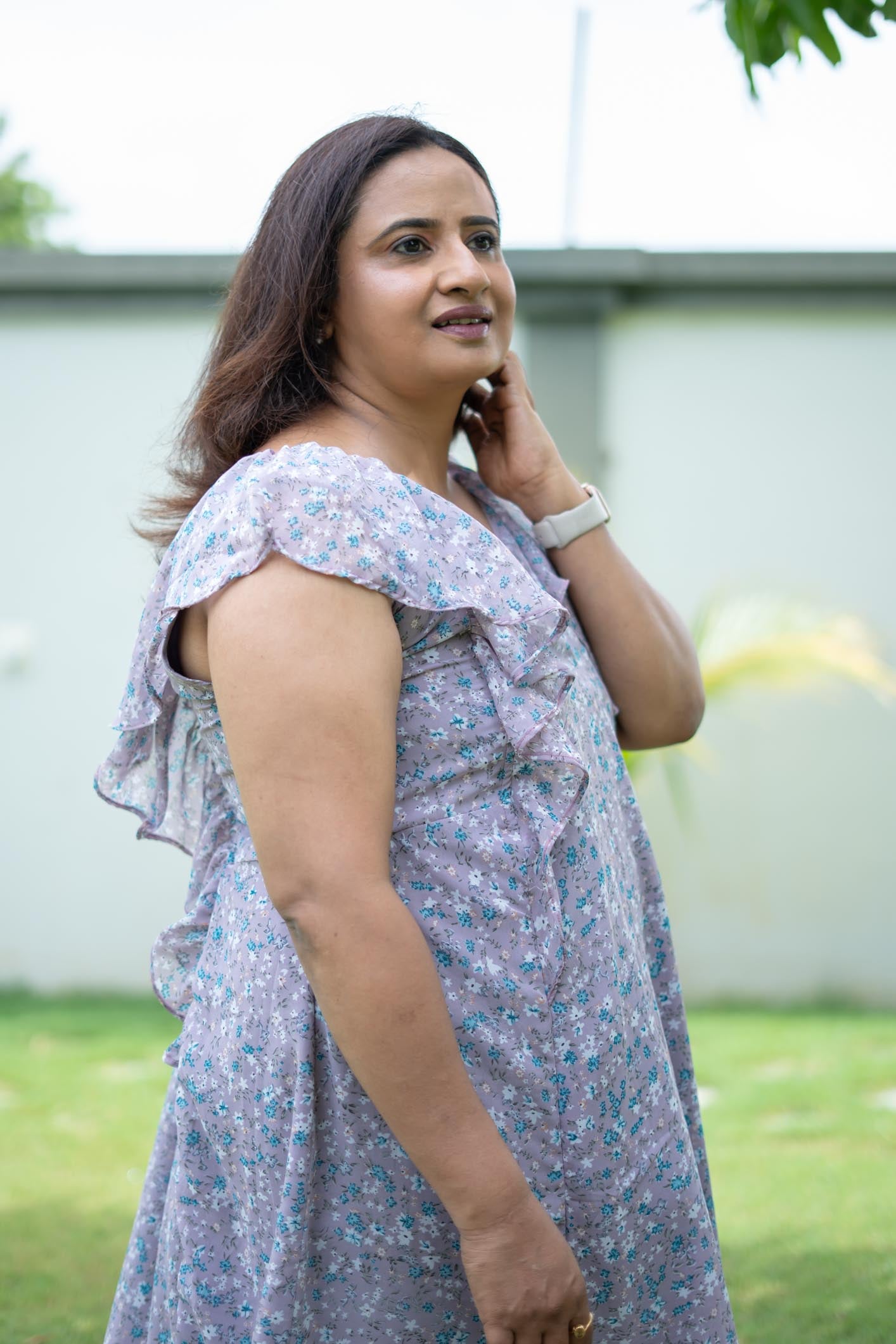 Lavender Maxi Dress | Floral design | Model wearing size M, available in plus sizes