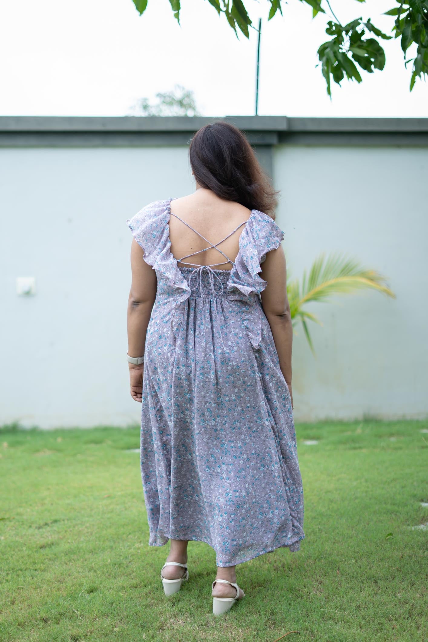 Lavendar Long Dress | Floral design | Ankle Length | Model wearing size M, available till 10XL | Backless