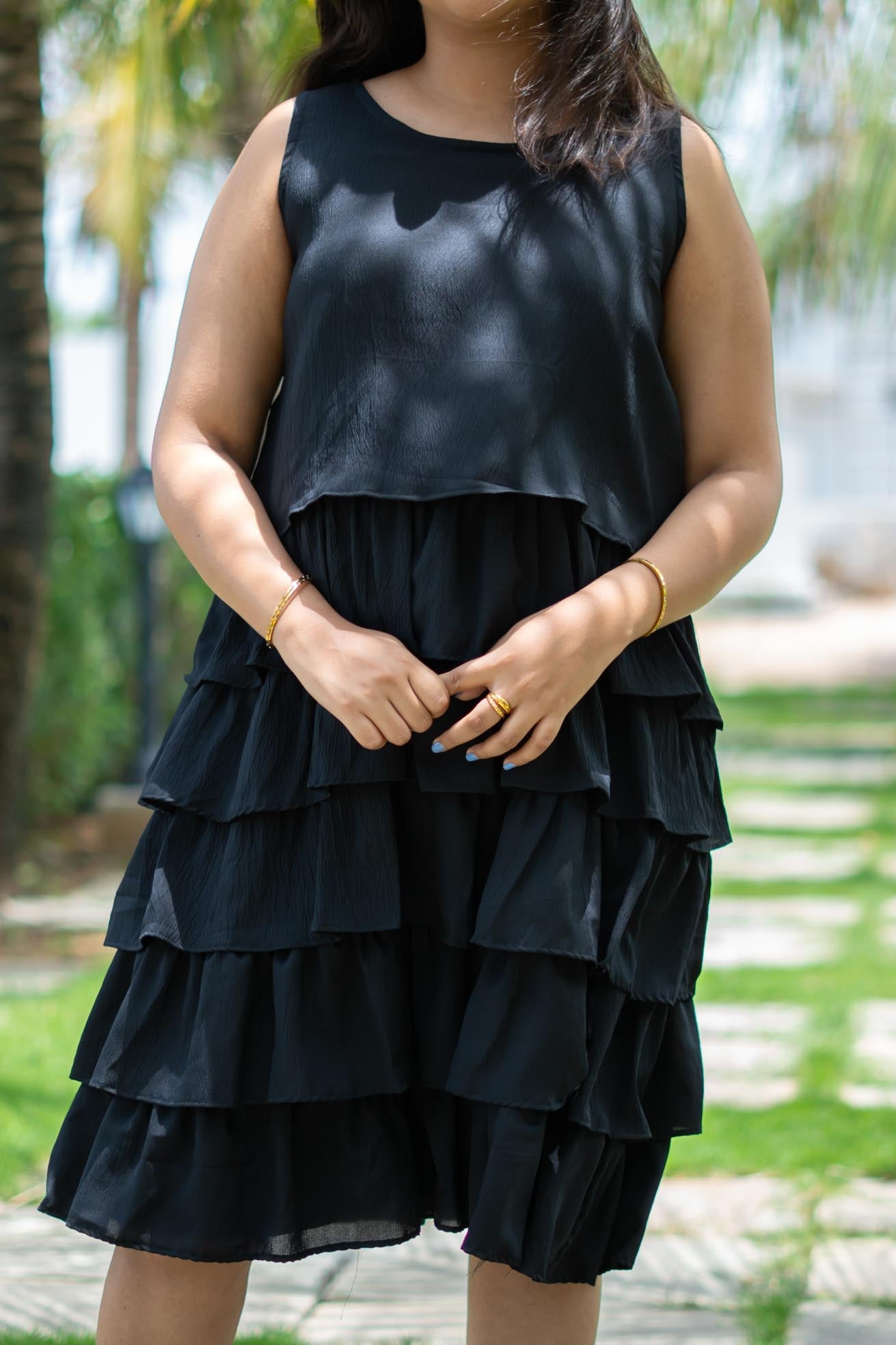 Black Layered Comfy Knee Length Dress