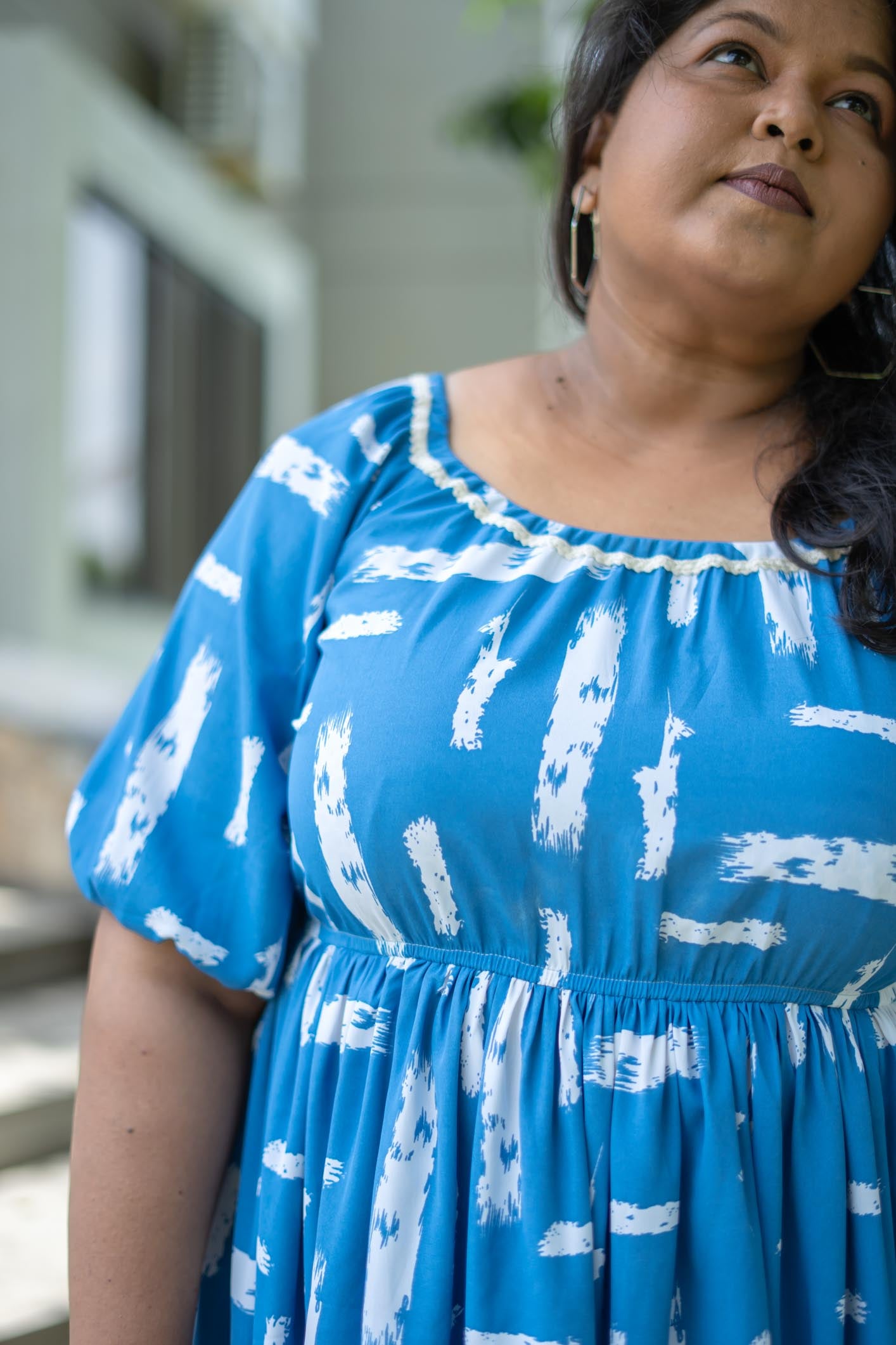 Blue Geometric Dress with Lace | Soul Grid