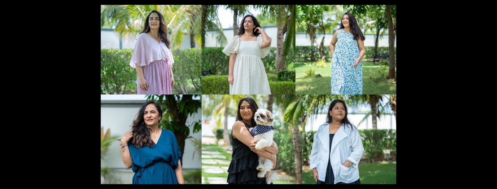 Collage of a woman in various outfits, models from size medium to 4XL in dresses, tops and jackets