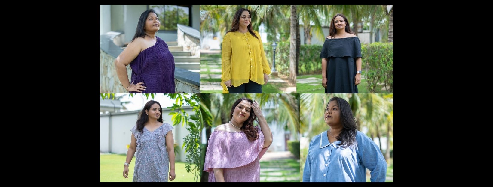 Collage of a woman wearing different outfits - dreeses, tops, shirts, models from size M to 4XL