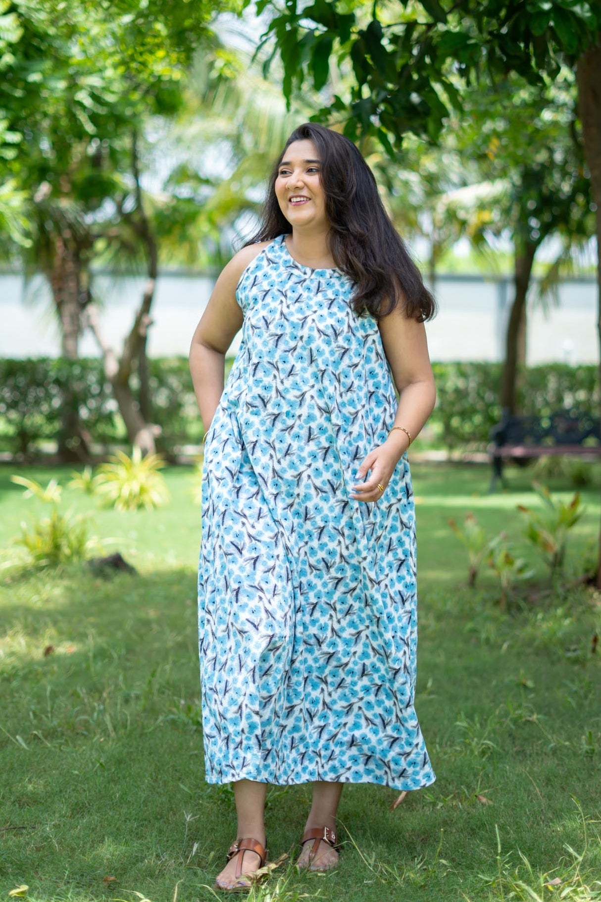 White & Blue Floral Maxi Dress