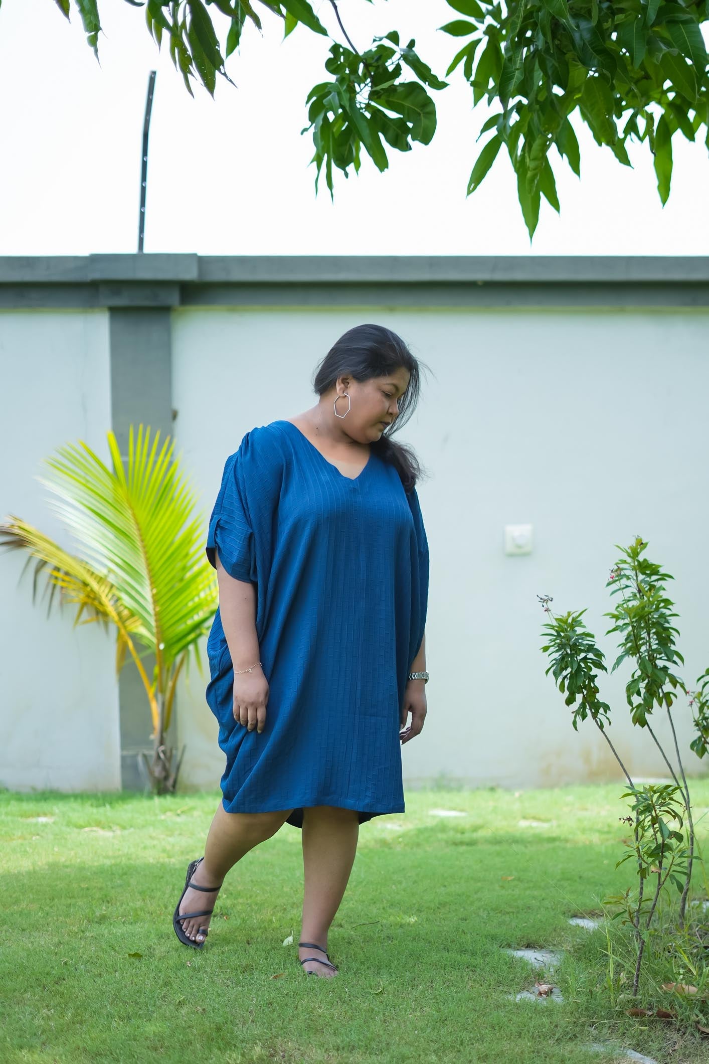Teal-Blue Checkered Caftan Dress