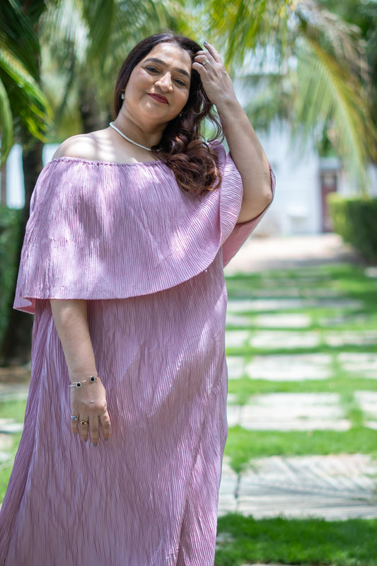Pink-Mauve Off-shoulder Layered Dress