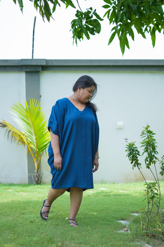 Teal-Blue Checkered Caftan Dress 